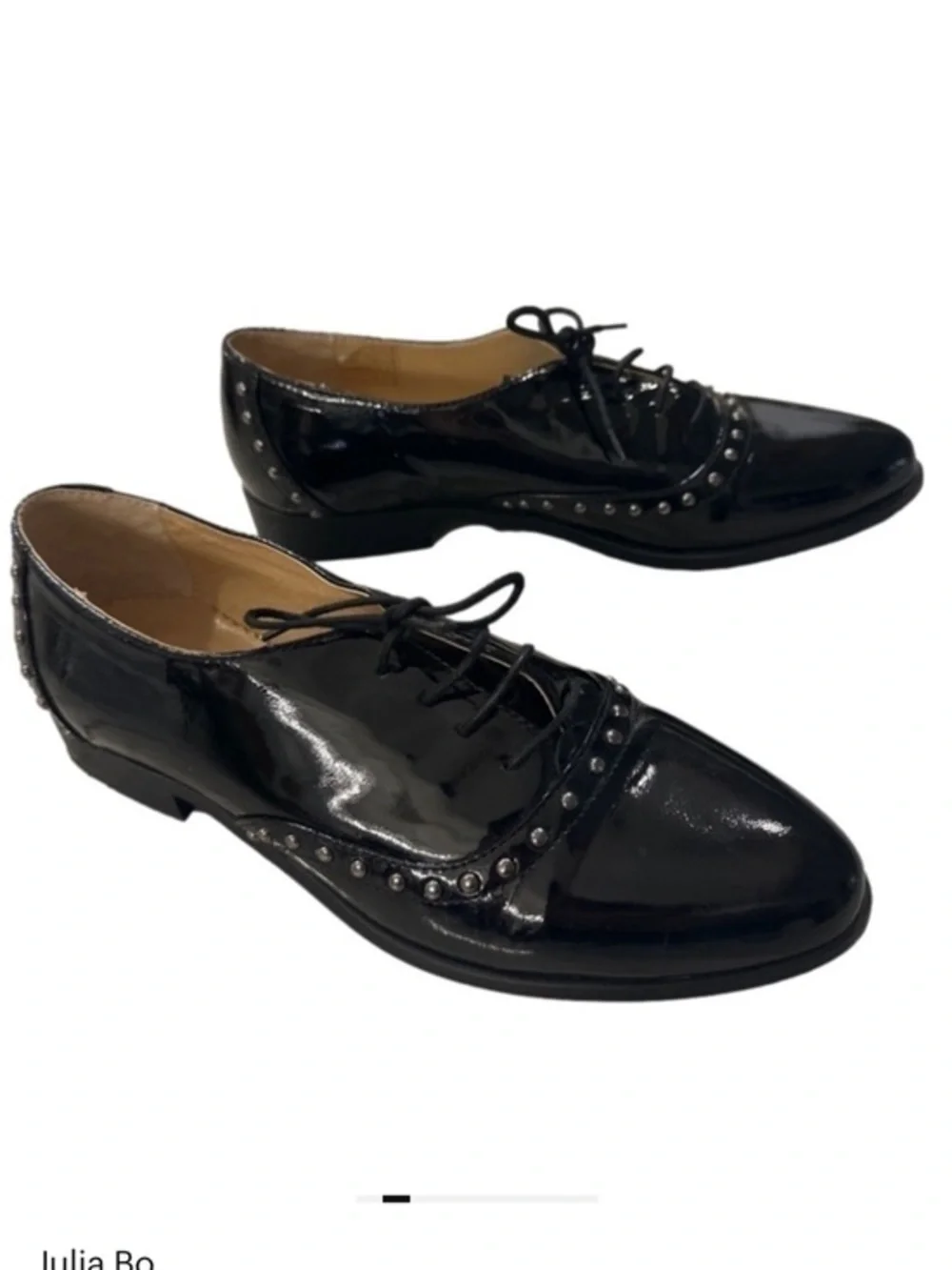 Julia Bo Savile Oxfords black patent leather silver stud Shoes size 6.5  /  7